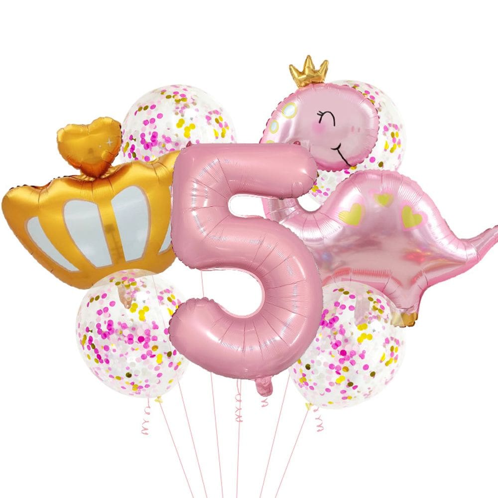 Conjunto de balões de papel alumínio rosa de dinossauro, 7 peças com coroa para meninas, 5ª