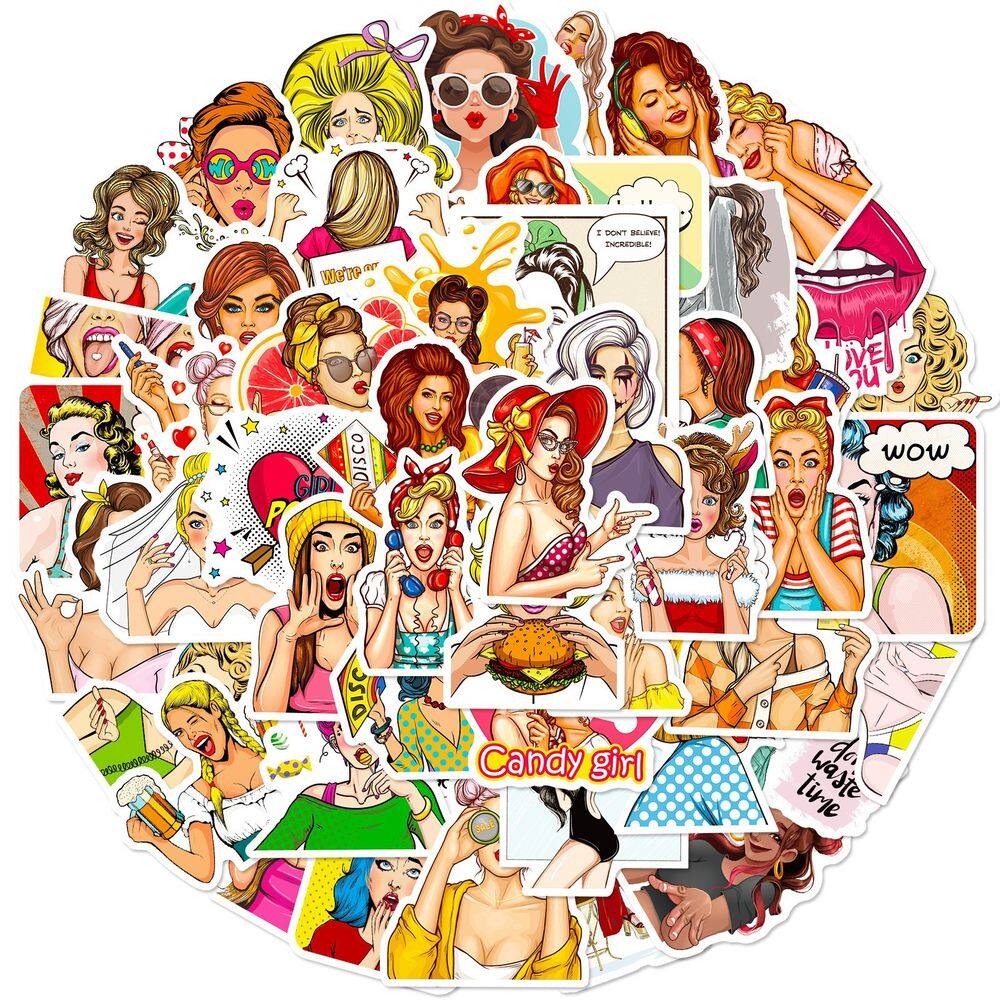 Pacote de adesivos Pop Art Girl, 50 peças de decalques retrô em estilo quadrinho