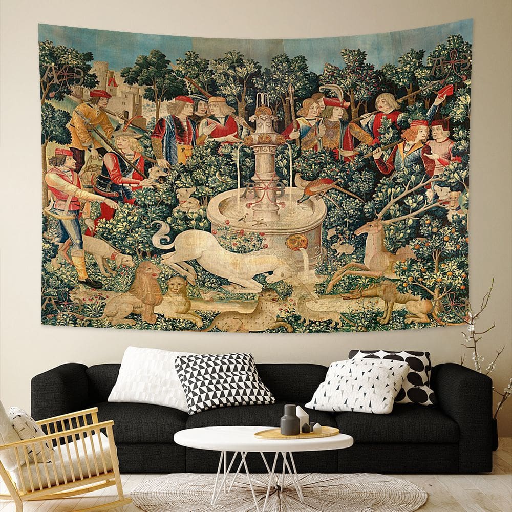 Fonte europeia medieval de tapeçaria suspensa na parede 150x100cm
