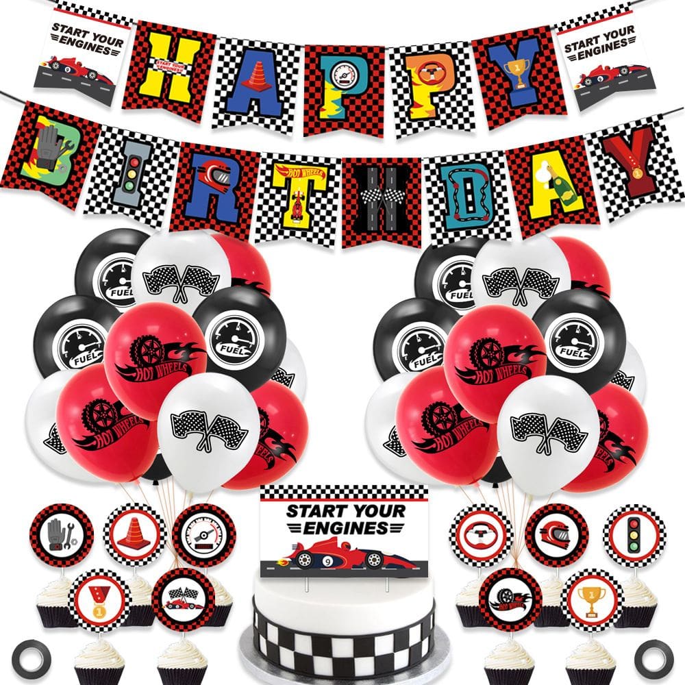 Conjunto de decorações de festa com tema de carro de corrida, 34 unidades, bandeira quadriculada