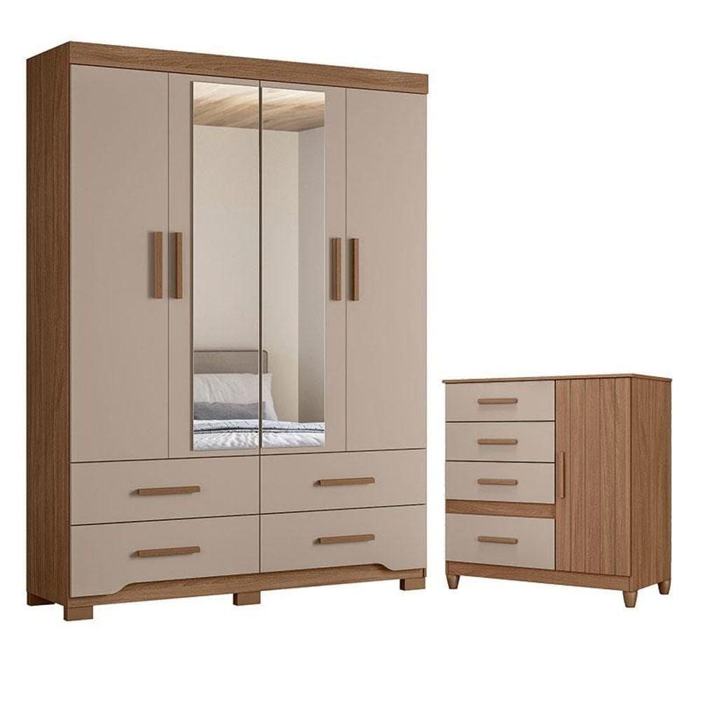 Guarda Roupa Solteiro Miami E Cômoda Vênus Com Pés Carvalho Fendi - Moval