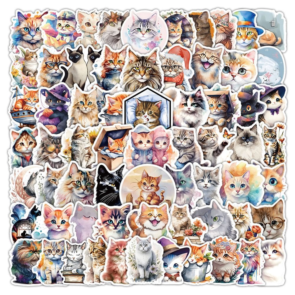 Pacote de adesivos Cute Cat Watercolor Cartoon Kitten 100 unidades