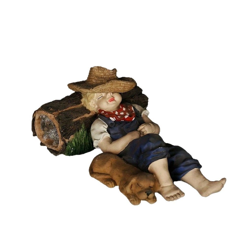 Estátua de jardim em resina de menino e cachorro encantadores com decoração de troncos