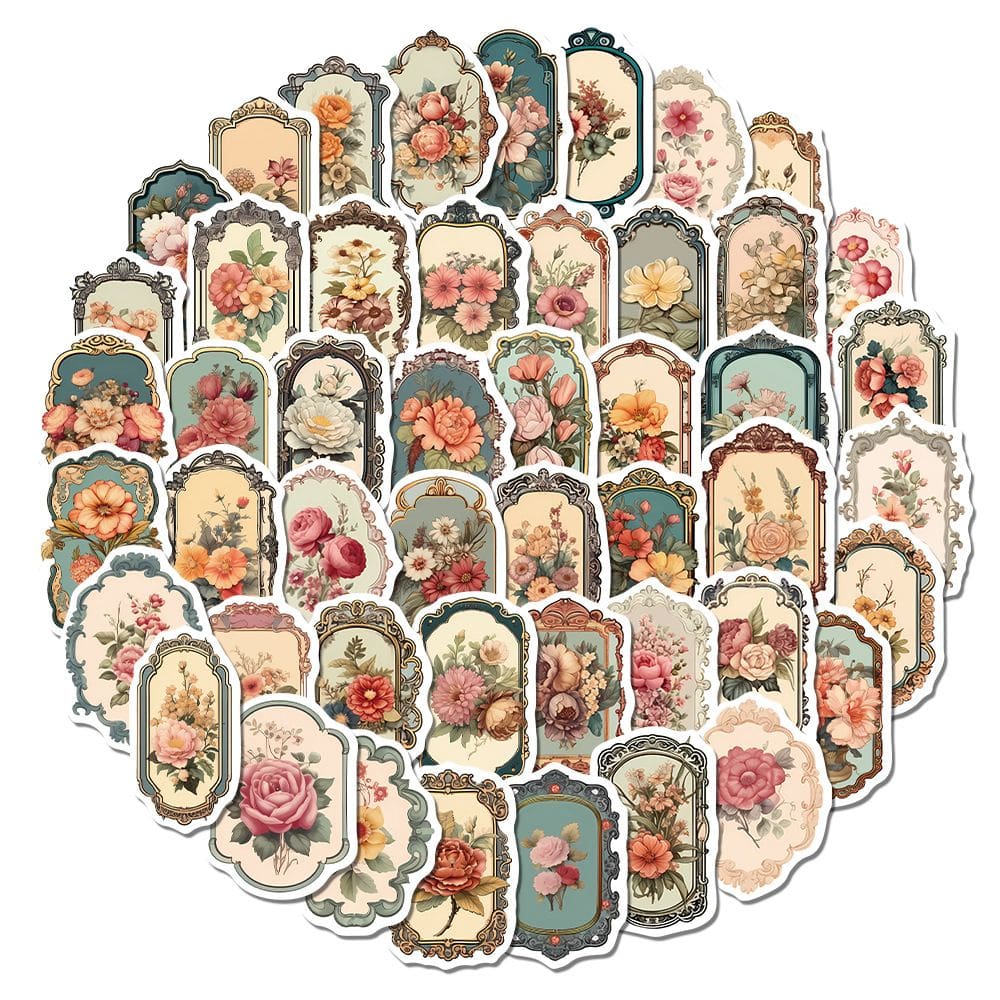 Adesivos vintage Flower, 50 peças, estampa retrô, decalques estéticos