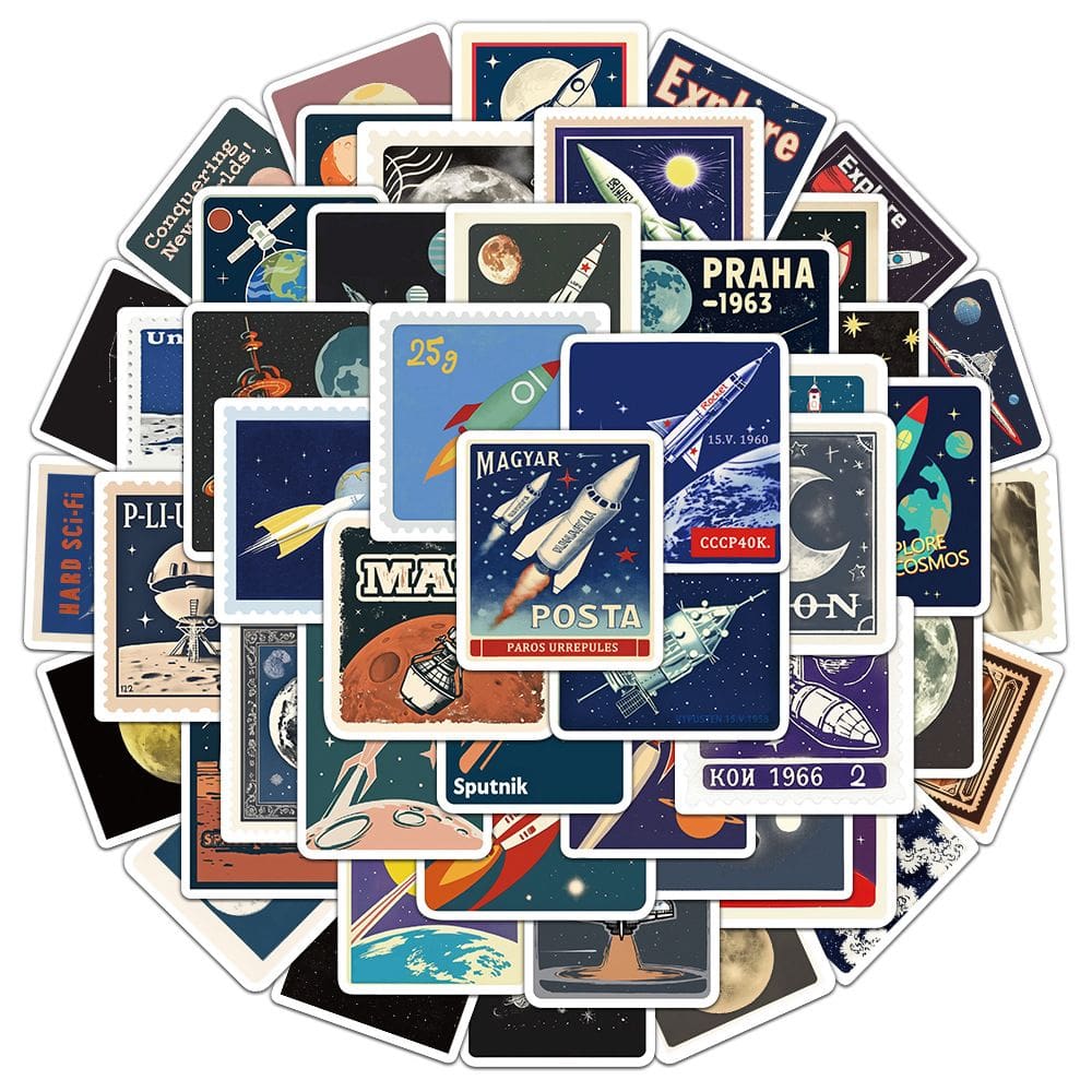 Adesivos Retro Space Travel, 50 peças, estilo vintage, Rocket & P