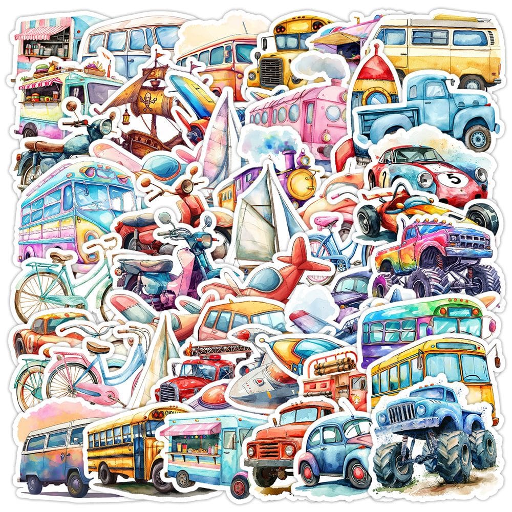 Pacote de adesivos de transporte em aquarela, 50 unidades para crianças