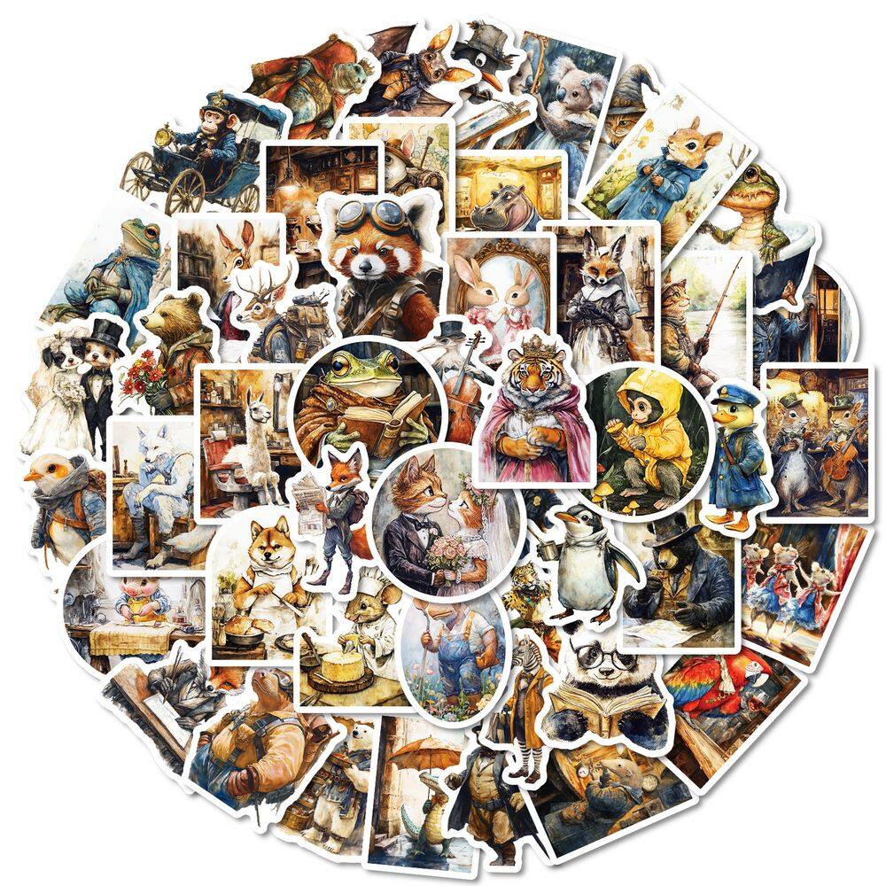 Pacote de adesivos Vintage Animal, 50 peças, desenhos animados retrô, impermeáveis