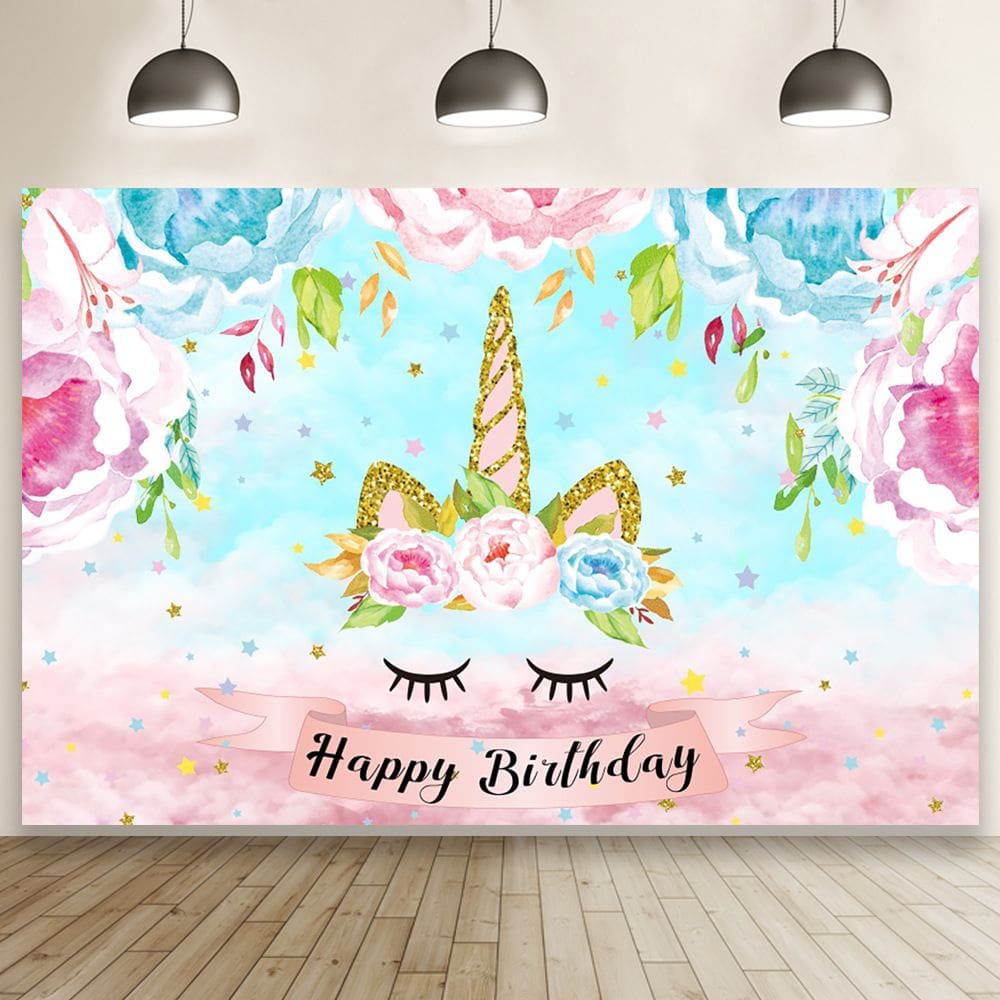 Tapeçaria para pendurar na parede Unicórnio Feliz Aniversário 150x100cm em vinil