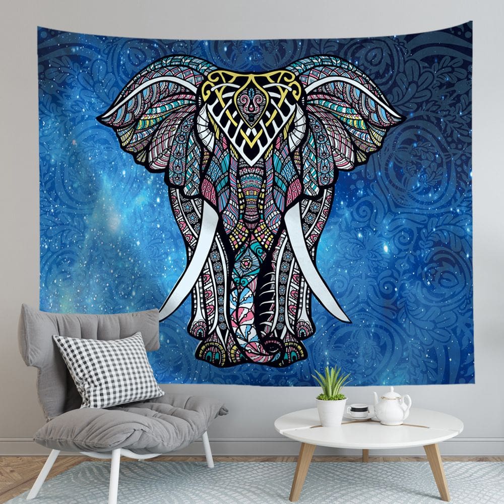 Tapeçaria pendurada na parede com design de mandala colorido de elefante