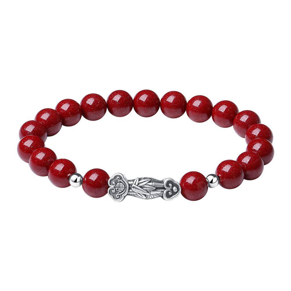 Pulseira Cinnabar para mulheres com pingente Ruyi em prata esterlina