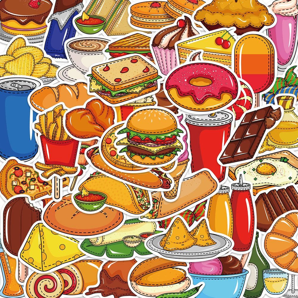 Pacote de adesivos, desenhos animados, decalques para lanches, alimentos, 53 unidades, à prova d`água