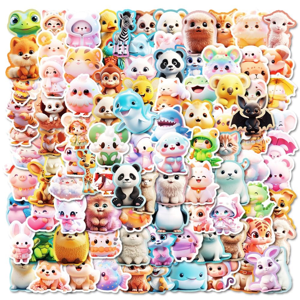 Pacote de adesivos: 100 peças de lindos decalques 3D de desenhos animados de animais Kawaii