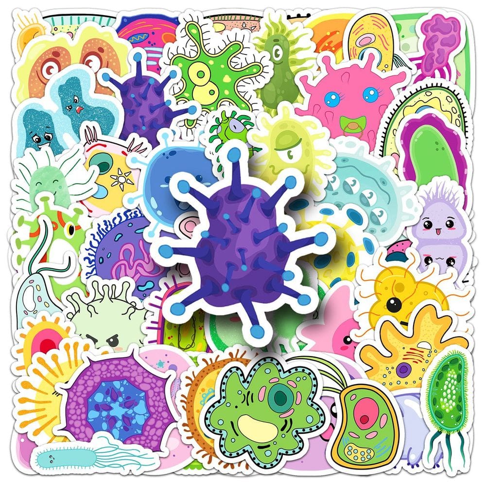 Adesivos Microbe, 50 peças, lindos desenhos animados, células e bactérias, vinil