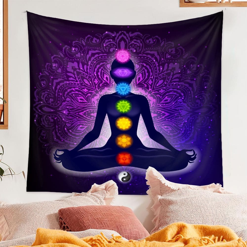 Tapeçaria para pendurar na parede Chakra Meditation Yoga 130 cm x 150 cm