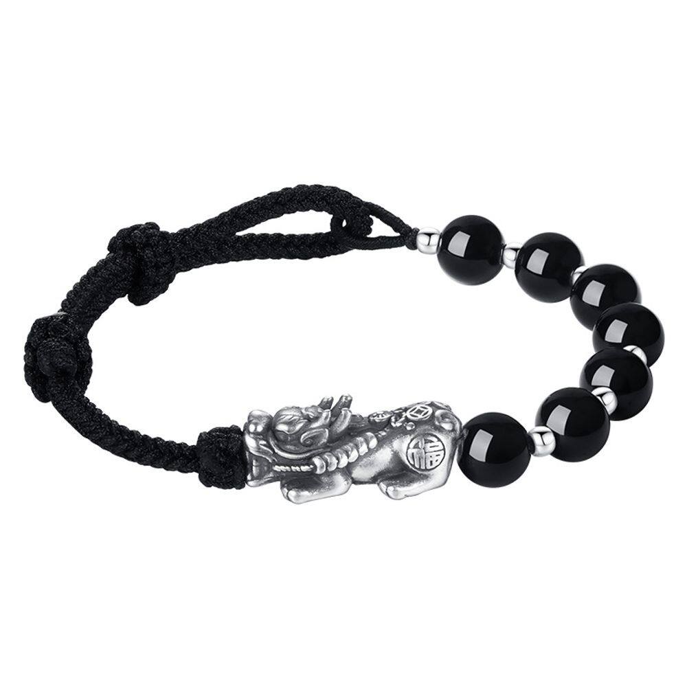 Pulseira S925 em prata esterlina Pixius para homens com obsidiana preta