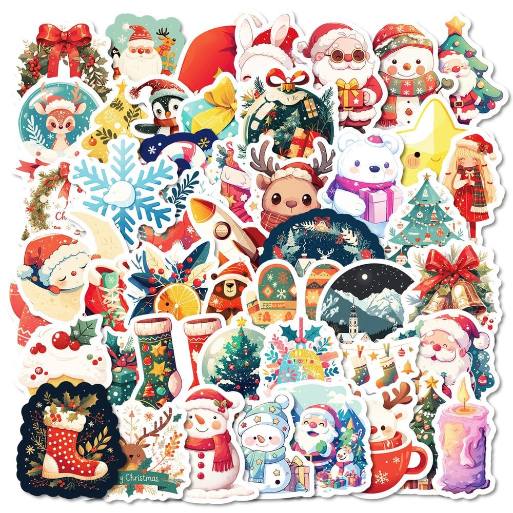 Pacote de adesivos de Natal, 50 peças fofas de vinil de desenho animado à prova d`água