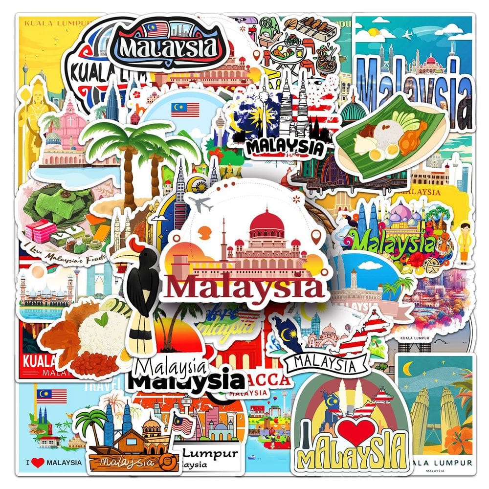 Adesivos, tema de viagem da Malásia, vinil impermeável, 50 unidades
