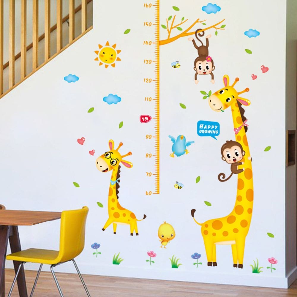 Tabela de altura de girafa de desenho animado com adesivos de parede com macacos e pássaros