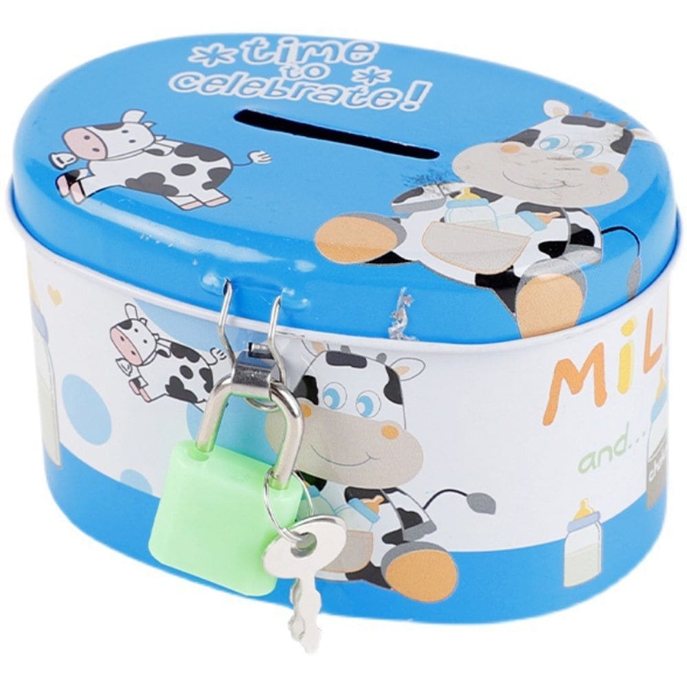 Coin Bank Cartoon Cow Home Piggy Bank com fechadura Kids Metal