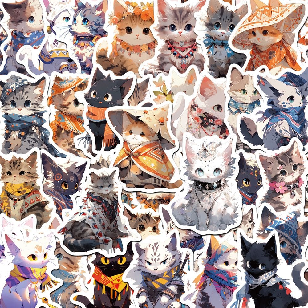 Pacote de adesivos com tema Boho Cat, decalques de vinil, 50 unidades para bricolage