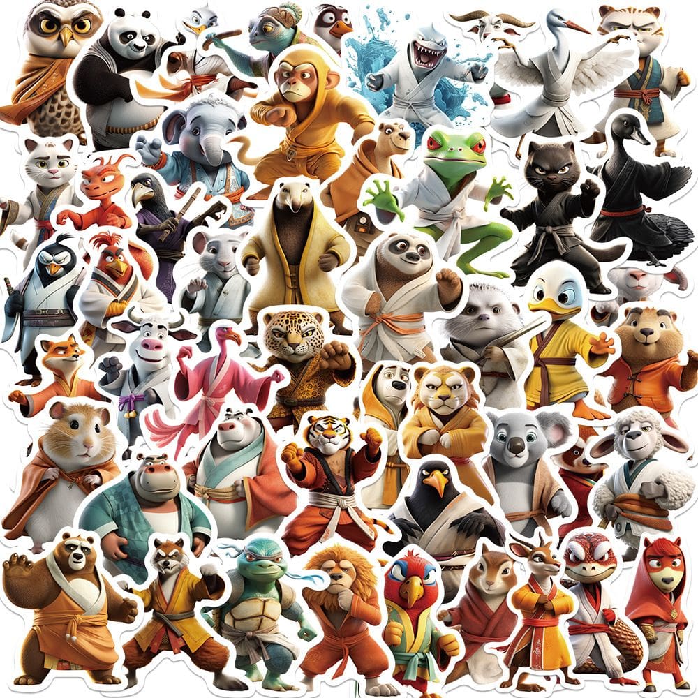 Pacote de adesivos Kung Fu Animal, 50 unidades com tema de artes marciais de desenho animado