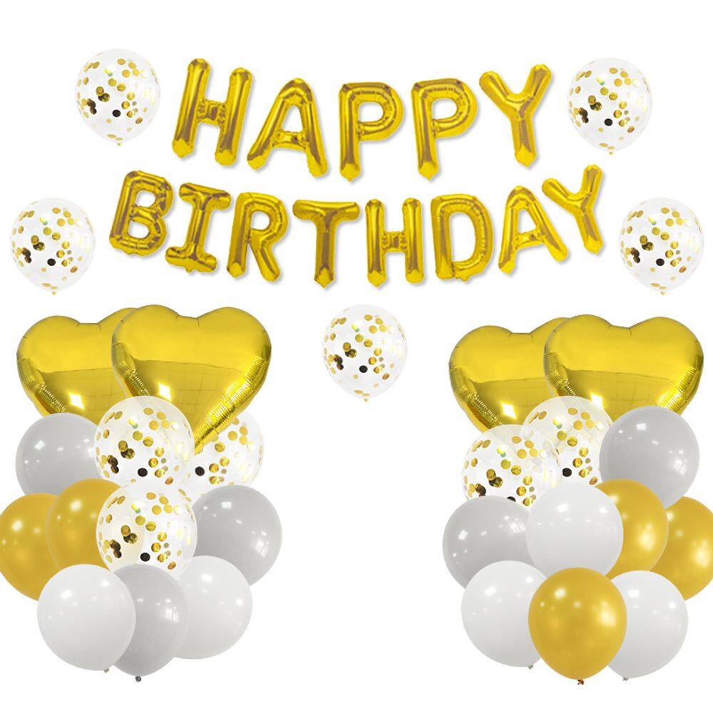 Conjunto de balões Gold Happy Birthday 30 unidades de látex e papel alumínio 30-45 cm