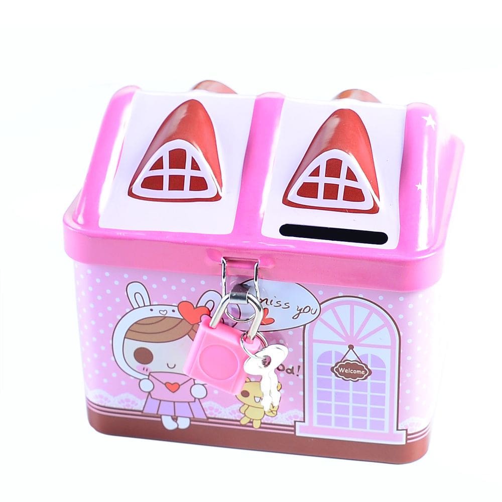 Banco de moedas de metal em forma de casa para crianças com fechadura e chave de 12 cm