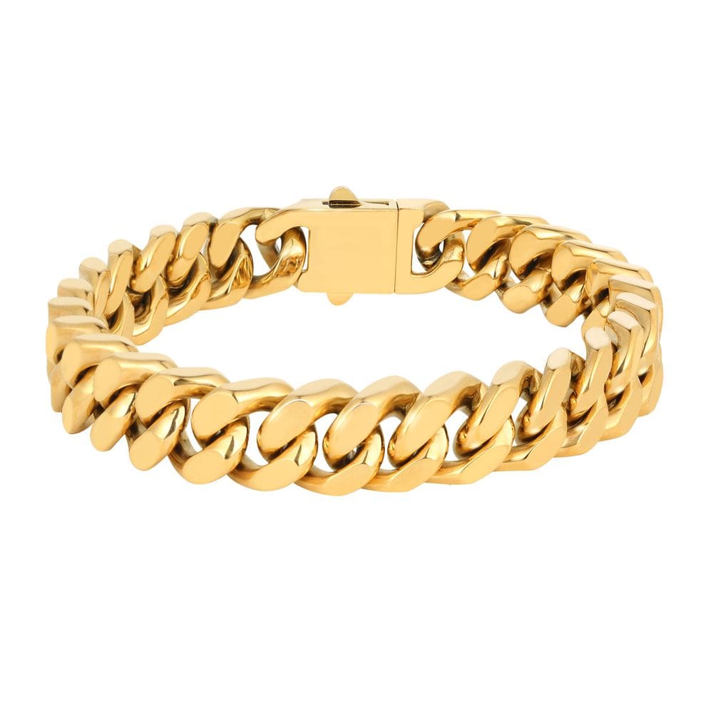 Pulseira masculina de aço inoxidável Cuban Link de 20 cm com acabamento dourado