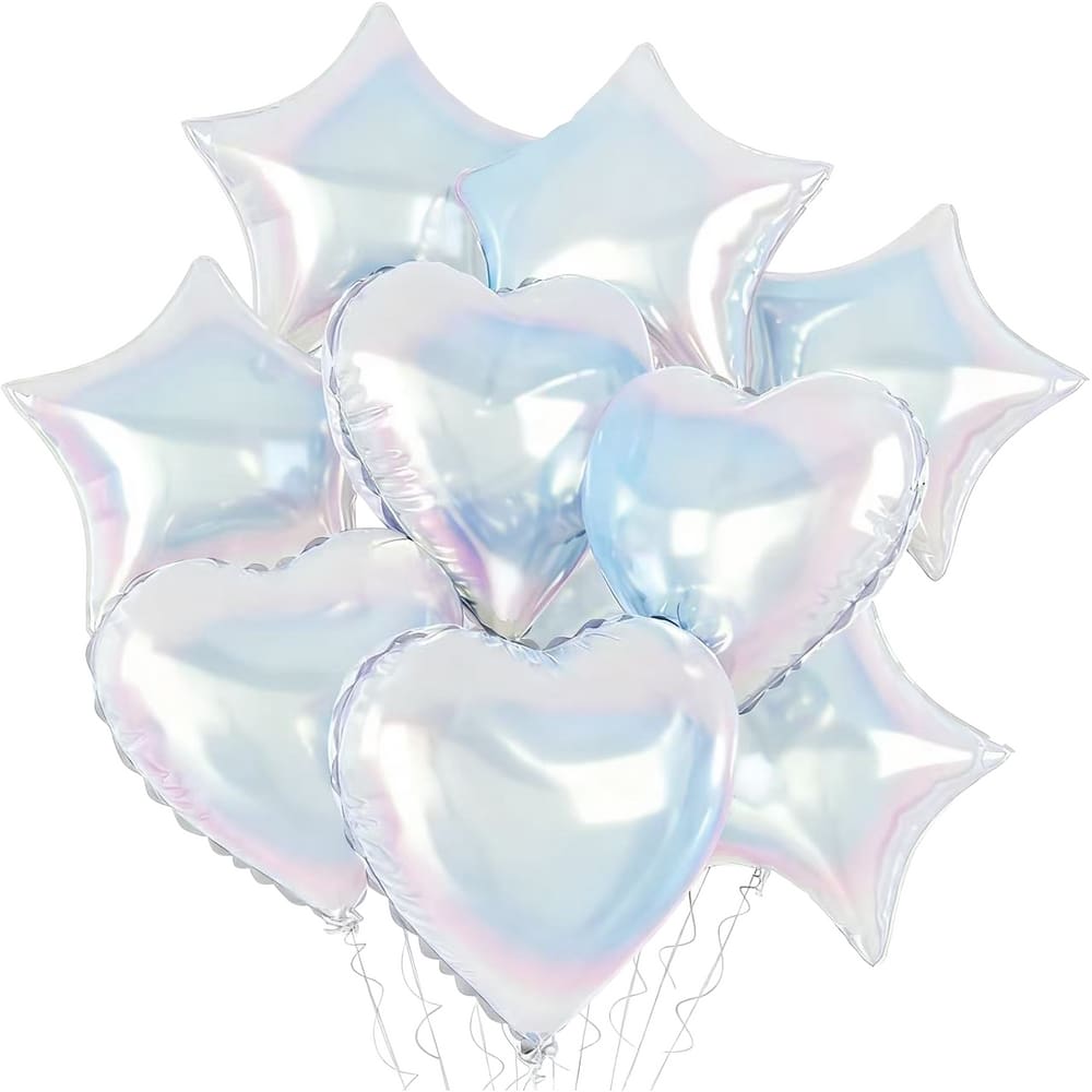 Conjunto de balões metalizados com coração e estrela iridescentes de 18 polegadas (9 unidades)