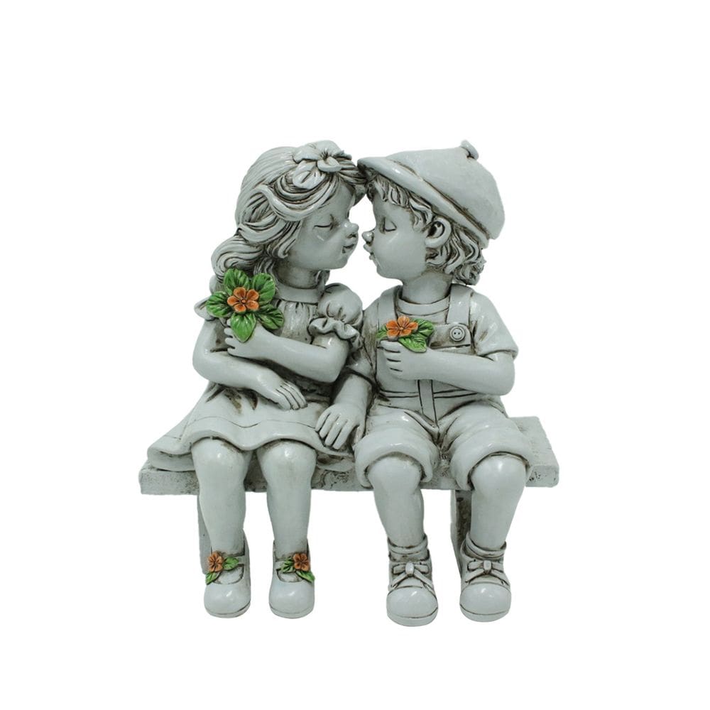 Estátua em resina, banco sentado para menino e menina, jardim romântico, dezembro