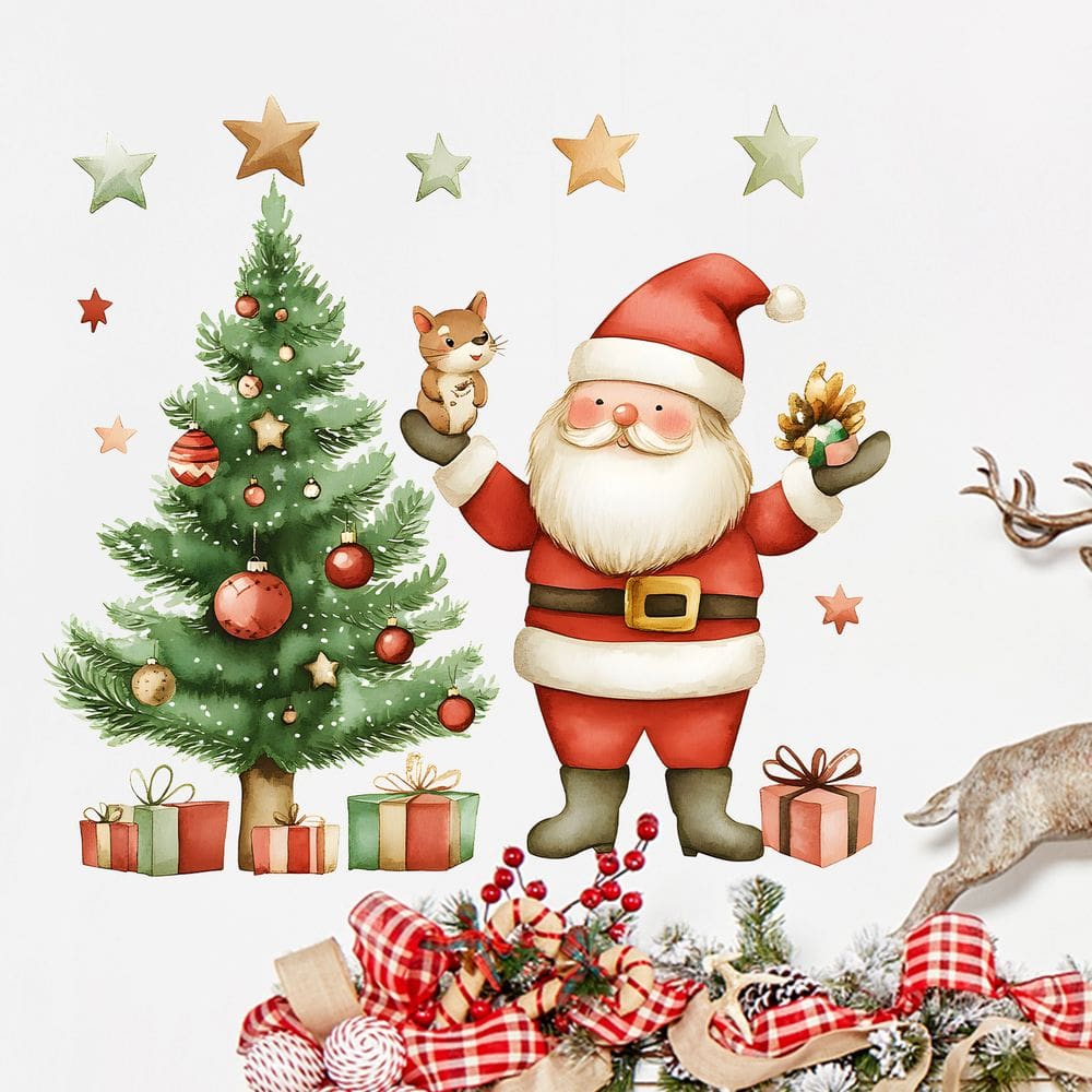 Adesivos de parede Papai Noel e árvore de Natal, desenho animado 38x40cm