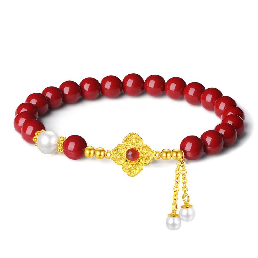 Pulseira Cinnabar para mulheres com trevo prateado de quatro folhas