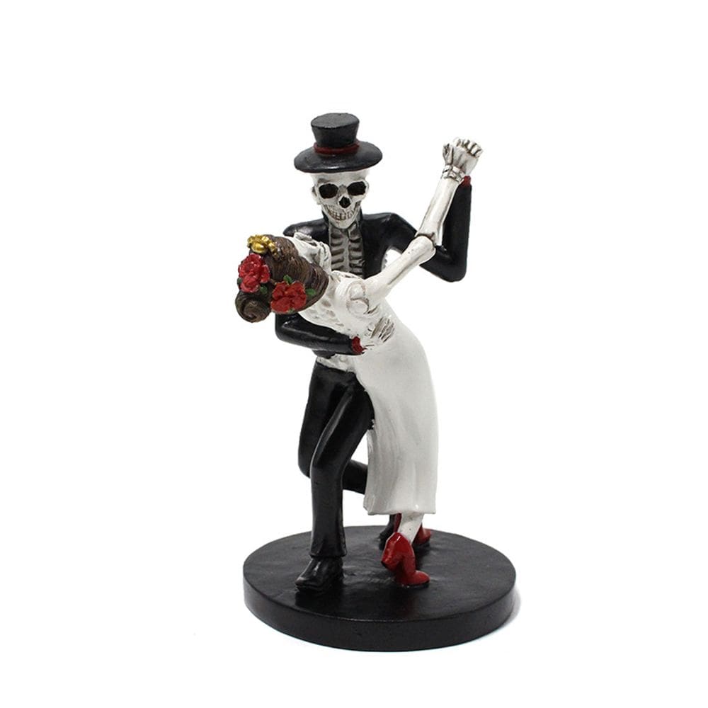 Decoração de jardim, escultura em resina, casal de esqueletos dançando