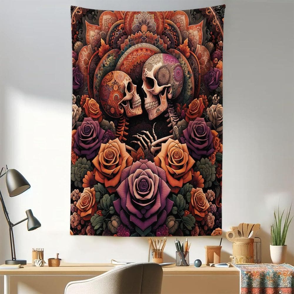 Tapeçaria pendurada na parede Skeleton Lovers Gothic Rose Mandala