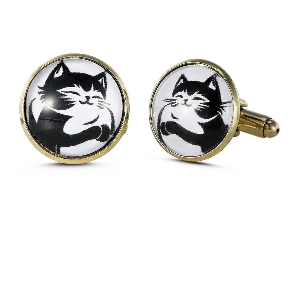 Abotoaduras genéricas Cute Cat em liga preta e branca de 1,7 cm