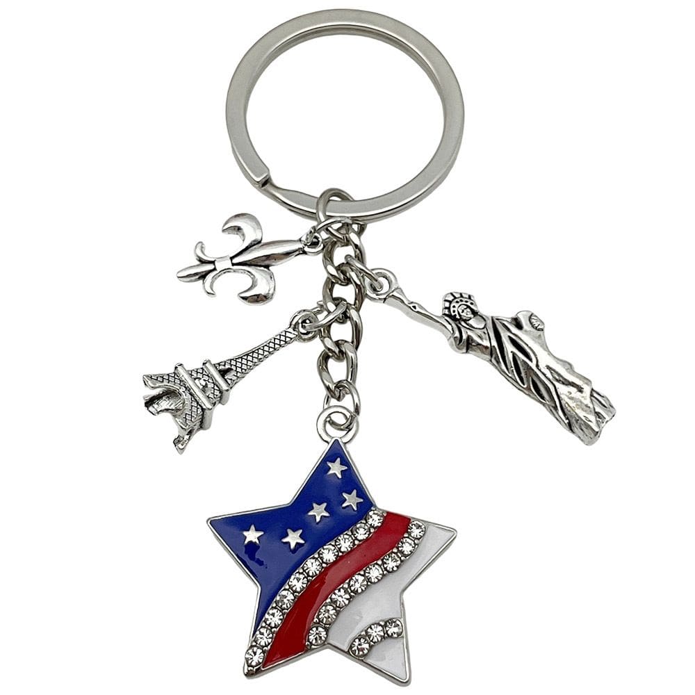 Chaveiro Dia da Independência dos EUA Estrela da Bandeira Americana com Eiffel