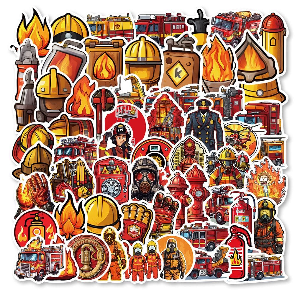 Pacote de adesivos Firefighter Theme 52 unidades de carro de bombeiros de desenho animado