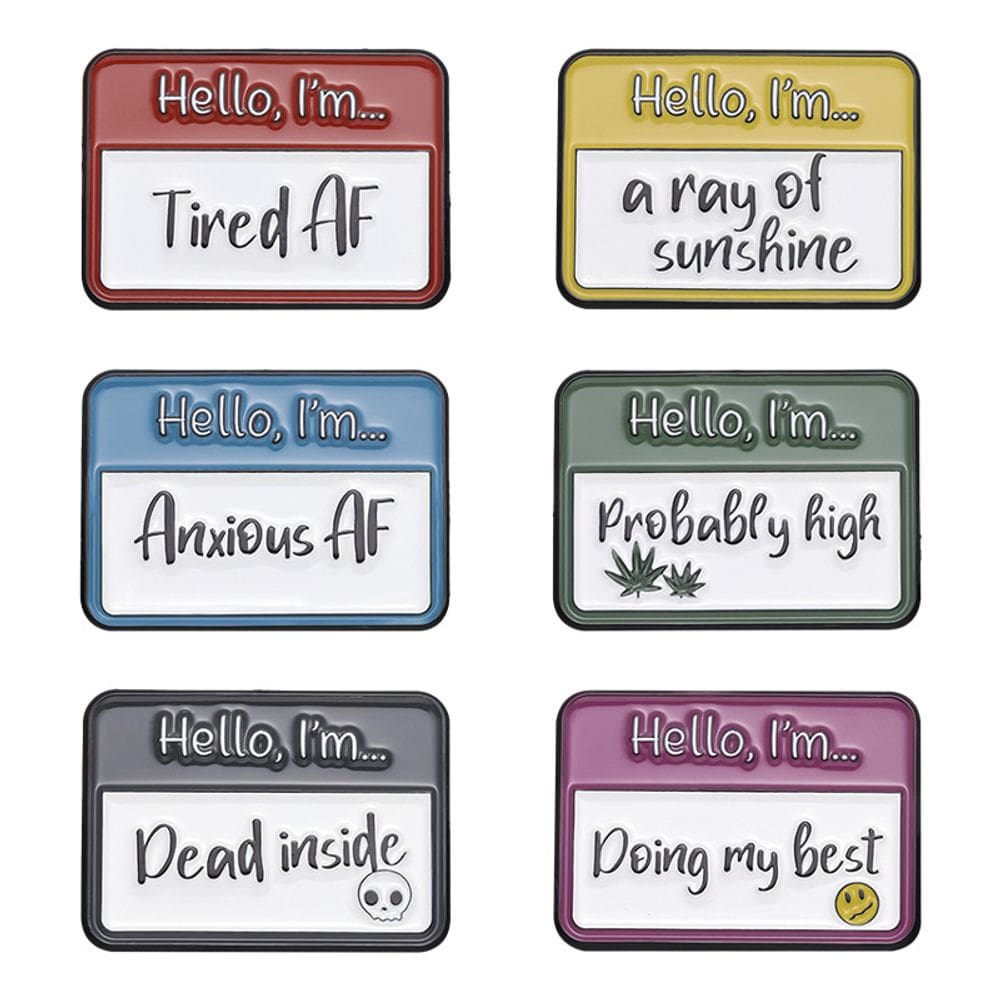 Conjunto de broches com etiqueta engraçada Hello I`m Text, Alloy