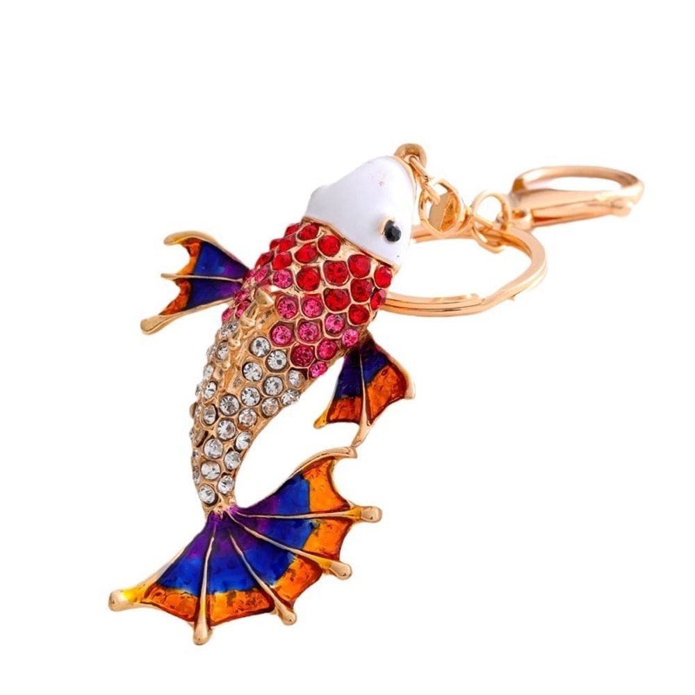Chaveiro de peixe colorido com detalhes de strass, dourado artístico
