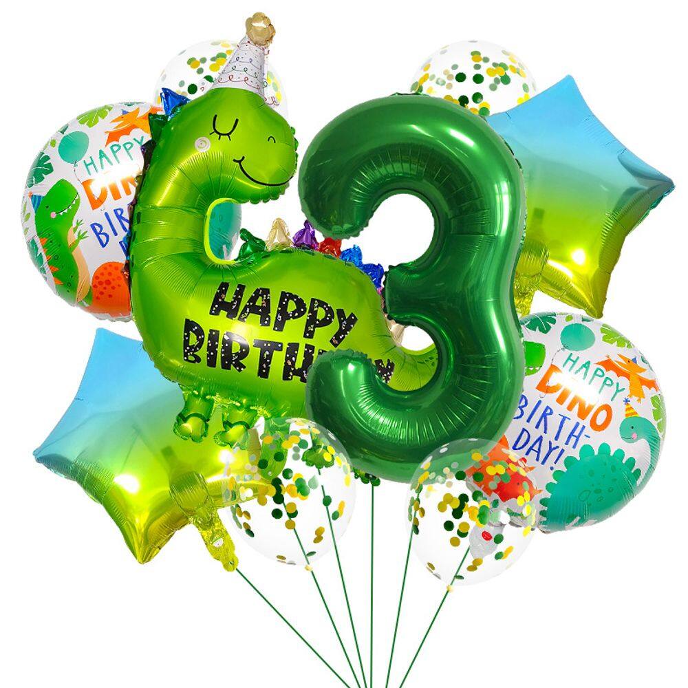 Conjunto de balões de aniversário com tema de dinossauro, 7 unidades com número 3 de 40 polegadas