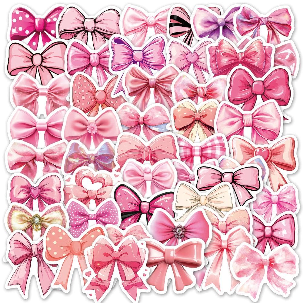 Pacote de adesivos: lindos decalques de vinil de desenho animado, laço rosa, 50 unidades