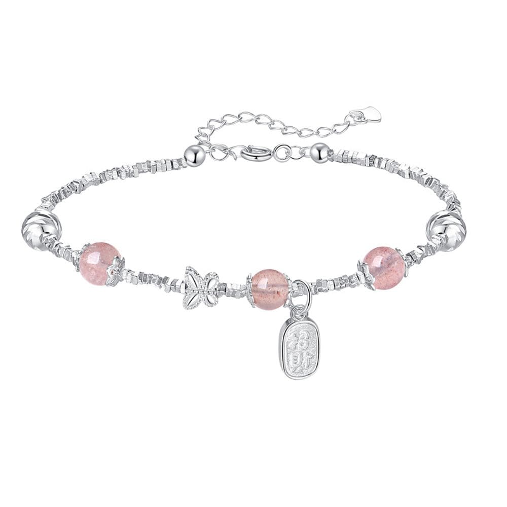 Pulseira de prata esterlina 925 com contas de quartzo e morango