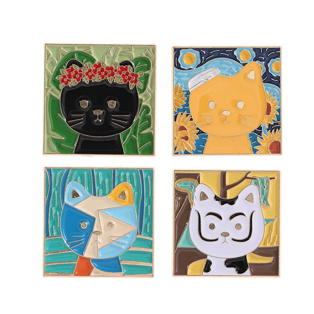 Broche Pins Art Style Cat Square Esmalte Blusa Pin Alloy