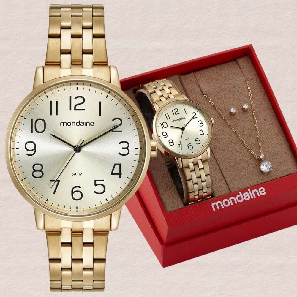 Kit Relógio Mondaine Feminino Analógico Dourado 32599LPMKDE1K1 + Semi Joias