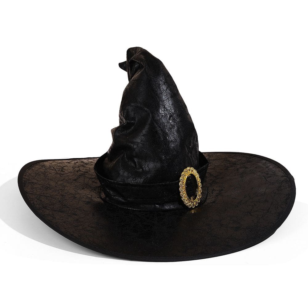 Chapéu de bruxa para cosplay de Halloween preto com fivela dourada