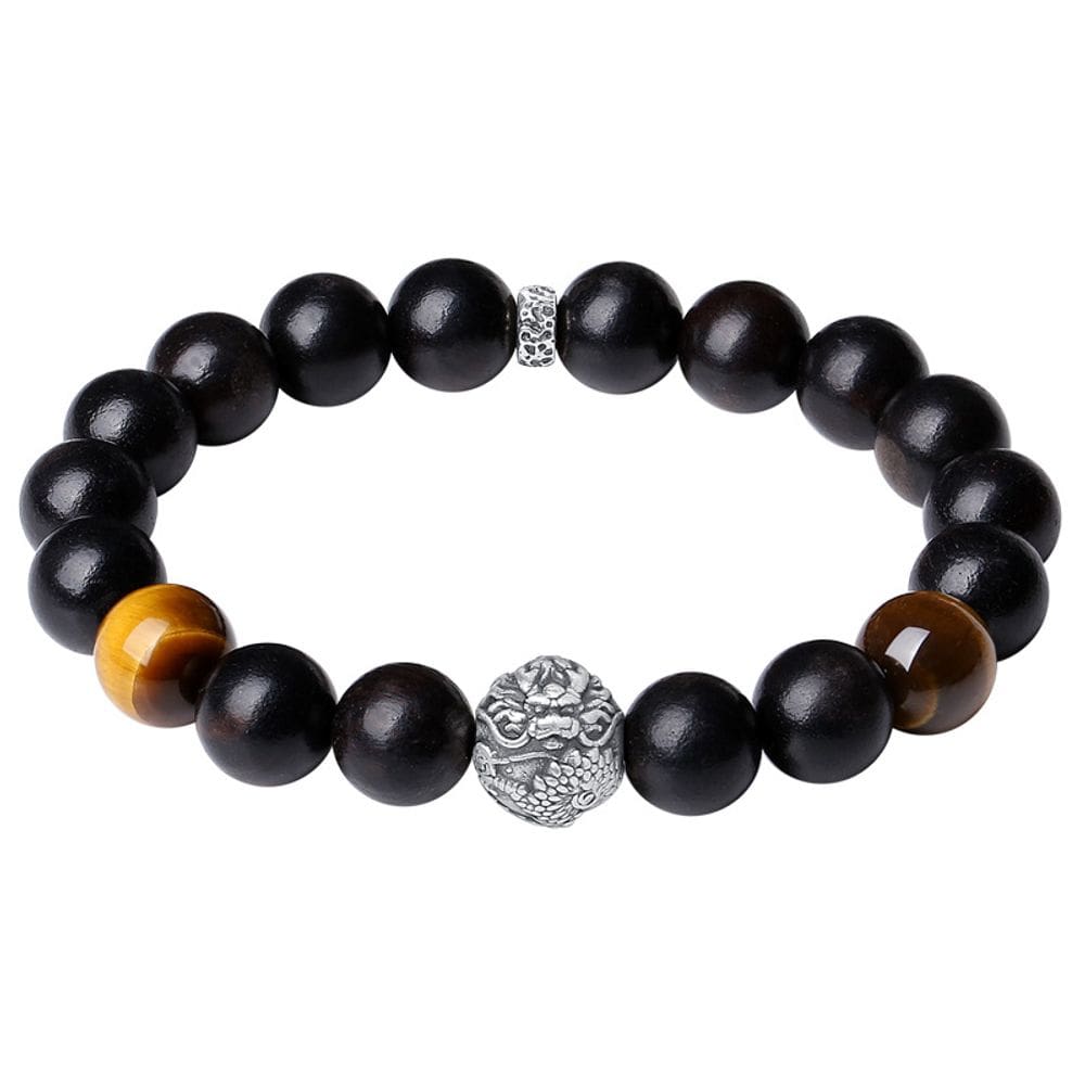 Pulseira de madeira de ébano com miçangas para homens com S999 Silver Dragon B