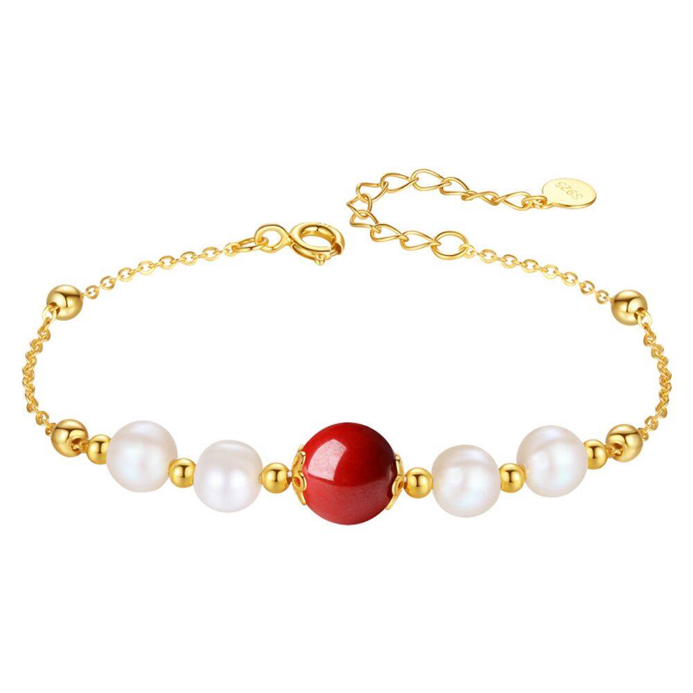 Pulseira Red Bead and Freshwater Pearl S925 Silver para mulheres