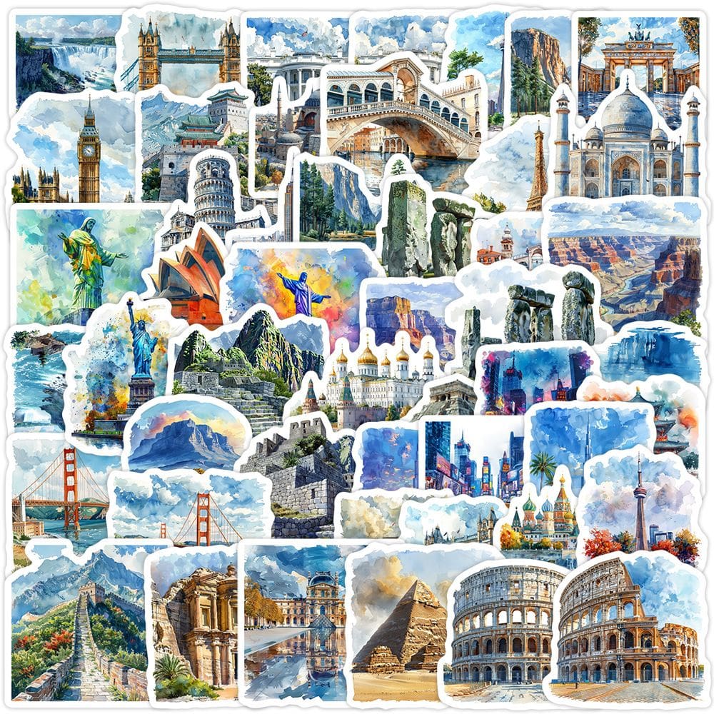 Pacote de adesivos Watercolor Landmark 50 unidades de PVC impermeável
