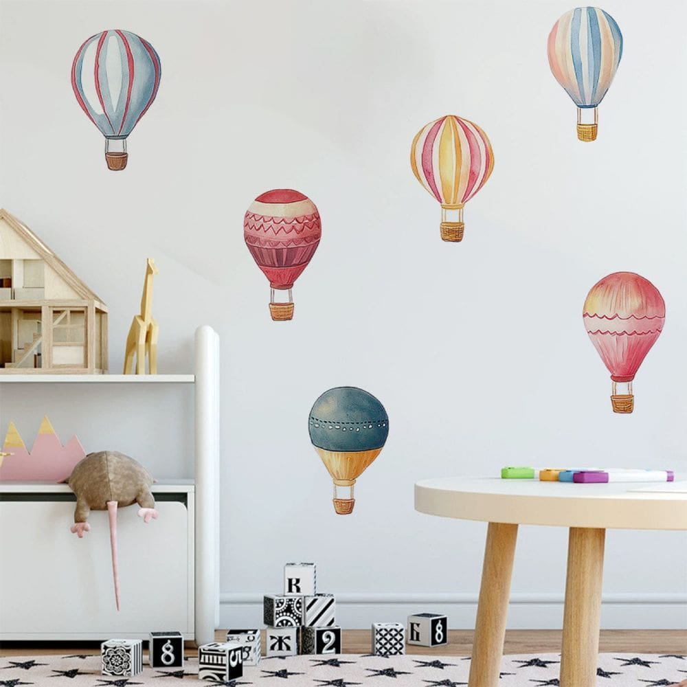 Adesivos de parede, balões de ar quente coloridos, decalques de PVC, 6 folhas
