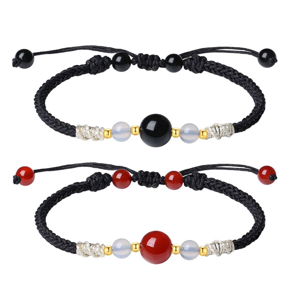 Pulseiras de casal S925: prata, ágata vermelha e obsidiana preta